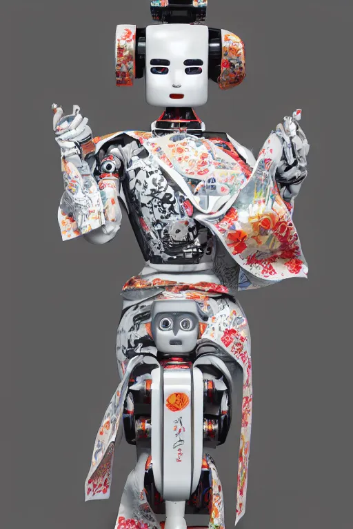 Prompt: full body portrait of a Japanese robot geisha with kanji tattoos and decals wearing a digital pixelated kimono, intricate design, photorealistic, arnold render, raytraced, ultra fine detailed, character design, trending on artstation