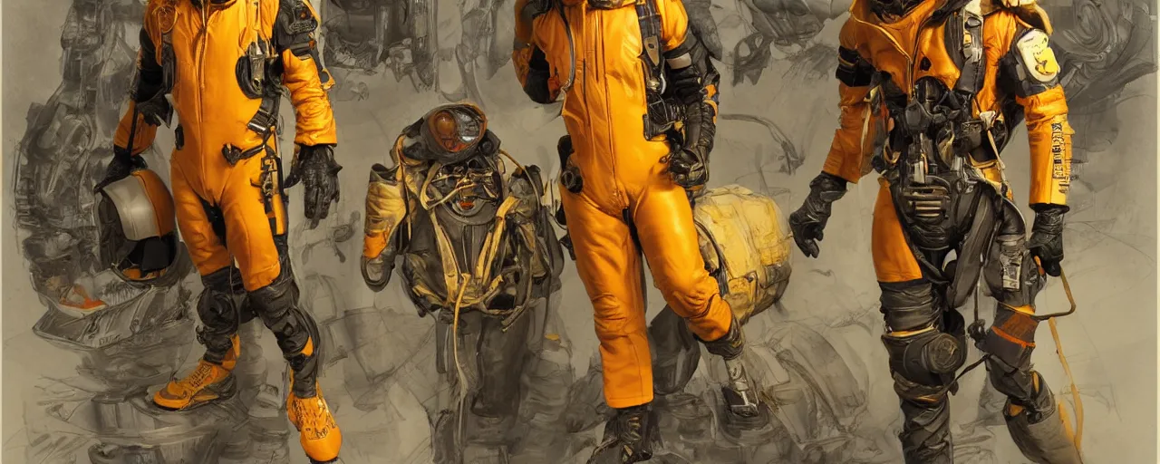 Image similar to character design, reference sheet, gaunt, 70's jetfighter pilot, unshaven, optimistic, dirty yellow and orange flight suit, scuffed exoskeleton in a dark hangar, concept art, photorealistic, hyperdetailed, 3d rendering!, studio lighting , art by Leyendecker! and thomas moran,