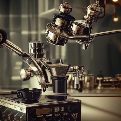 Prompt: dslr photo of a steampunk robotic espresso machine with small scientific gears, android coffee shop, 4 k, photorealistic, octane render, unreal engine, cafe lighting, cinematic, by peter majkut,