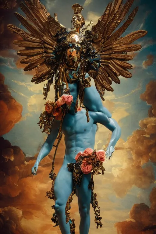 Prompt: a young handsome Latino prince in a full-body bronze cyberpunk style statue of Icarus with glowing blue eyes, crown of peach roses, flowing teal-colored silk, fabric, flowers. baroque elements, human skull. full-length view. baroque element. intricate artwork by caravaggio. many many birds birds on background. Trending on artstation, octane render, cinematic lighting from the right, hyper realism, octane render, 8k, depth of field, 3D