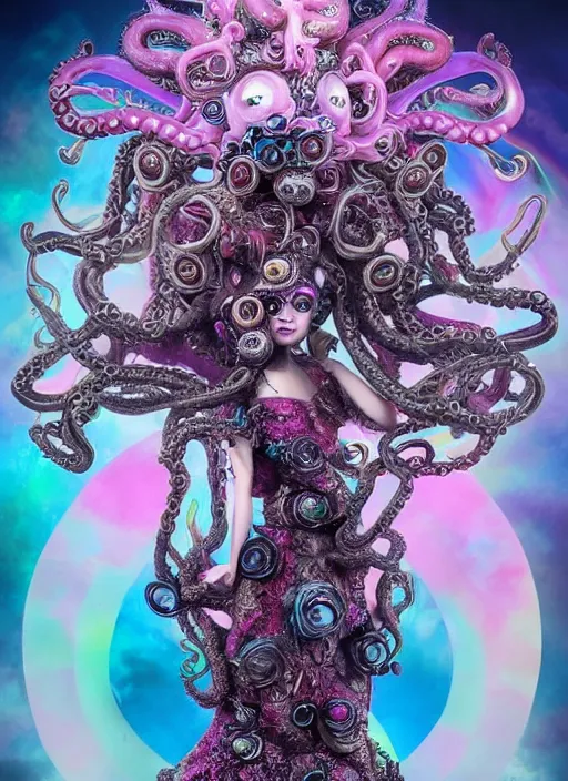 Image similar to A full body shot of a cute and mischievous monster princess made of tentacles wearing an ornate ball gown covered in jewels. Fancy Dress. Subsurface Scattering. Translucent Skin. Rainbow palette. rainbowcore. Eldritch Beauty. defined facial features, symmetrical facial features. Opalescent surface. beautiful lighting. By Giger and Ruan Jia and Artgerm and WLOP and William-Adolphe Bouguereau. Photo real. Hyper-real. Photorealism. Fantasy Illustration. Sailor Moon hair. Masterpiece. trending on artstation, featured on pixiv, award winning, cinematic composition, dramatic pose, sharp, details, Hyper-detailed, HD, HDR, 4K, 8K.