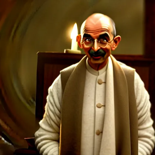 Image similar to mr. bean as mahatma ghandi. movie still. cinematic lighting.