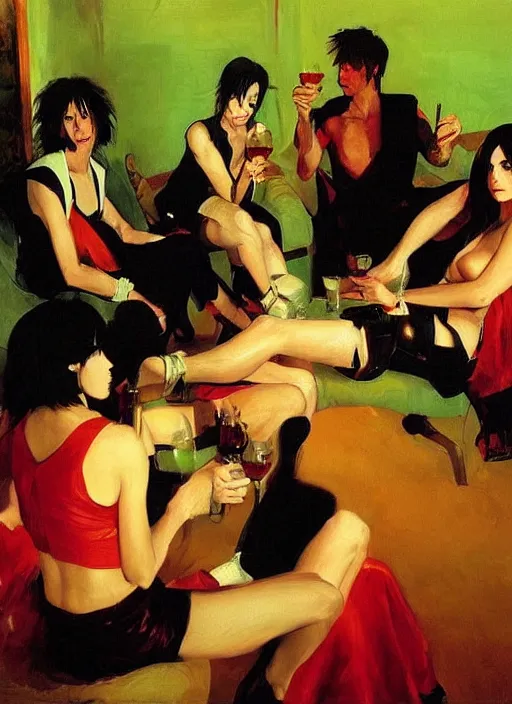 Prompt: glam rocker drinking brutal and raw wine with their friends, inside a green room with red lights, renaissance painting, joaquin sorolla, makoto shinkai, phil hale, extremely detailed