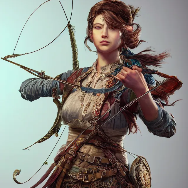 Image similar to the portrait of lawful neutral semi - colorful female archer huntress as absurdly beautiful, gorgeous, elegant, young girl, an ultrafine hyperdetailed illustration by kim jung gi, irakli nadar, intricate linework, bright colors, octopath traveler, final fantasy, unreal engine 5 highly rendered, global illumination, radiant light, detailed and intricate environment