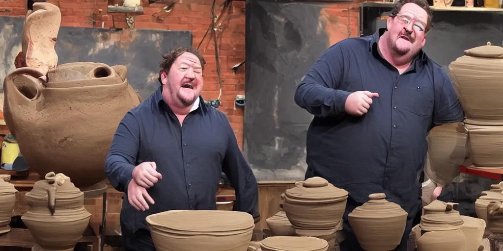 Prompt: johnny vegas making a very large clay teapot, art school, studio, wet clay, photorealistic, interview, stand up comedy, audience, stage