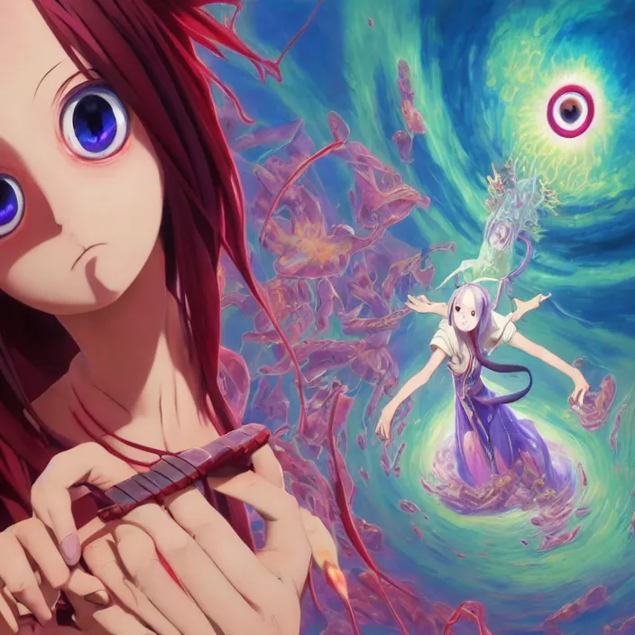 Image similar to Mayer Re-l, Schwi Dola No Game No Life Zero, Eye of Providence, official anime key media, close up of Iwakura Lain, LSD Dream Emulator, paranoiascape ps1, official anime key media, painting by Vladimir Volegov, beksinski and dan mumford, giygas, technological rings, johfra bosschart, Leviathan awakening from Japan in a Radially Symmetric Alien Megastructure turbulent bismuth glitchart, Atmospheric Cinematic Environmental & Architectural Design Concept Art by Tom Bagshaw Jana Schirmer Jared Exposure to Cyannic Energy, Darksouls Concept art by Finnian Macmanus