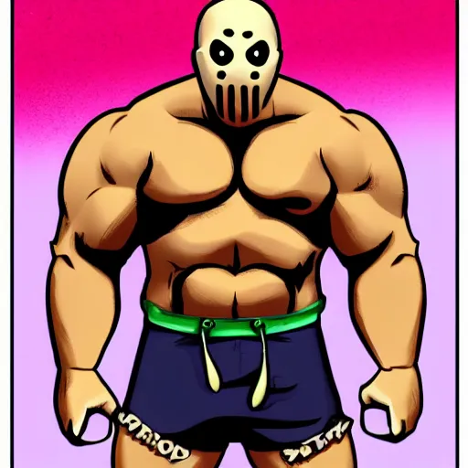 Prompt: Pinup of buff musclegut Jason Voorhees in a speedo