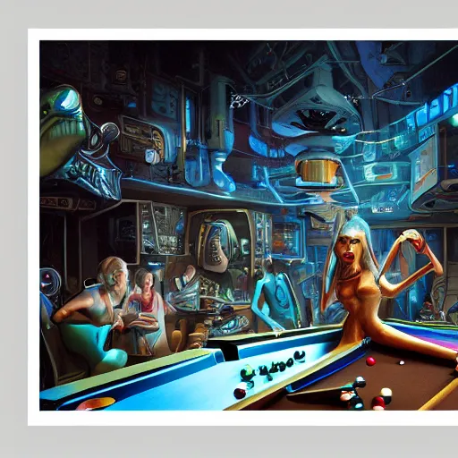 Prompt: attractive alien fan dancer on tabletop, inside used future tavern, pool table, jim henson creature shop, robots humans and extraterrestrials, inside a crowded space station, 1 9 8 0 s science fiction, 1 9 7 0 s science fiction, alien 1 9 7 9, cyberpunk, 3 d oil painting, depth perception, 4 k, artstation