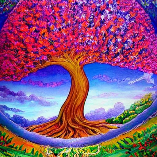 Image similar to magical realism fantasy tree landscape with colorful tree of life detailed painting