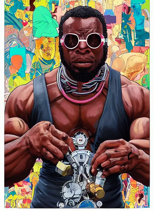 Prompt: chidi igwe. buff cyberpunk weight lifter. robotic arm. portrait illustration, pop art, splash painting, art by geof darrow, ashley wood, alphonse mucha, makoto shinkai ( apex legends )