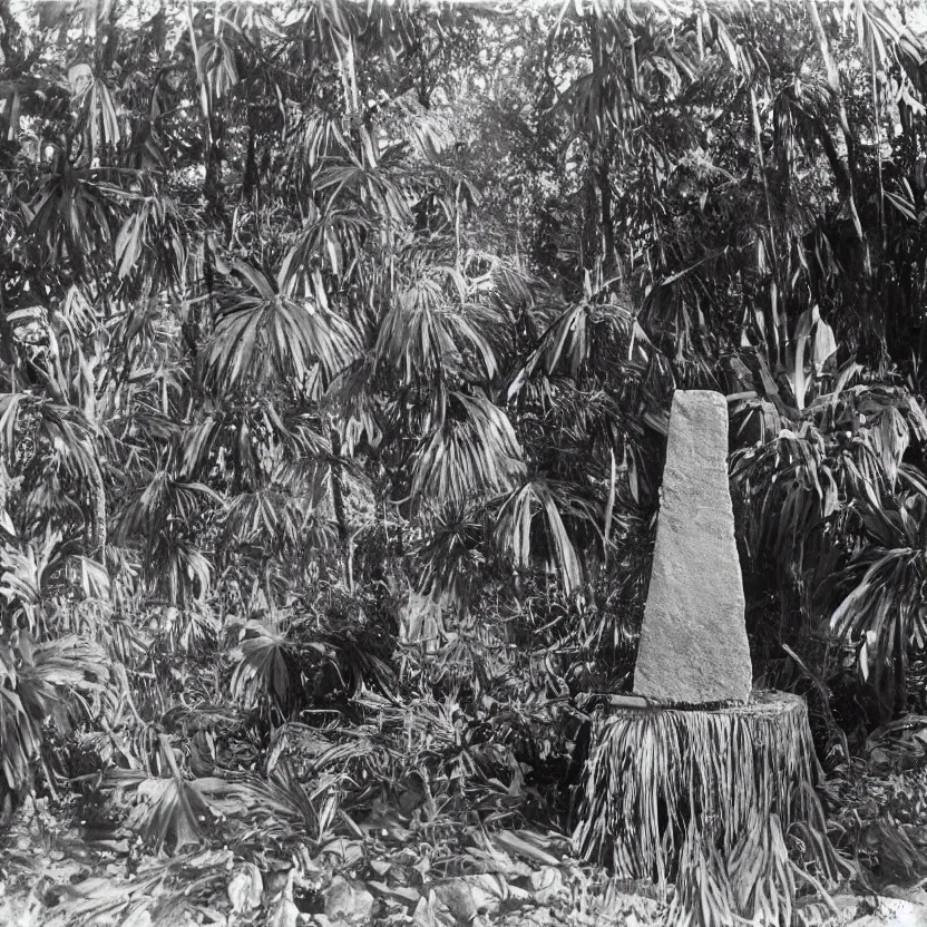 Image similar to a rizom lost film footage of a sacred ( ( ( ( ( ( ( indigenous ) ) ) ) ) ) ) artifact in the middle of the ( ( ( ( ( ( ( ( ( ( tropical jungle ) ) ) ) ) ) ) ) ) ) / ethnographic object / film still / cinematic / enhanced / 1 9 0 0 s / black and white / grain