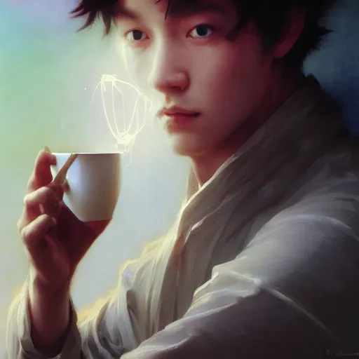 Prompt: A man drinking a cup of cosmic energy bright light, illustration by Ruan Jia and Mandy Jurgens and William-Adolphe Bouguereau, Artgerm, 4k, digital art, surreal, anime style, space dandy style, highly detailed, godsend, artstation, digital painting, concept art, smooth, sharp focus, illustration by Ruan Jia and Mandy Jurgens and William-Adolphe Bouguereau, Artgerm