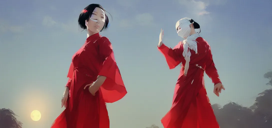 Image similar to vietnamese female with white cloth mask wearing traditional red ao dai, full moon on the sky, digital illustration by ruan jia, a ultra detailed beautiful panting by ilya kuvshinov, greg rutkowski and makoto shinkai, trending on artstation