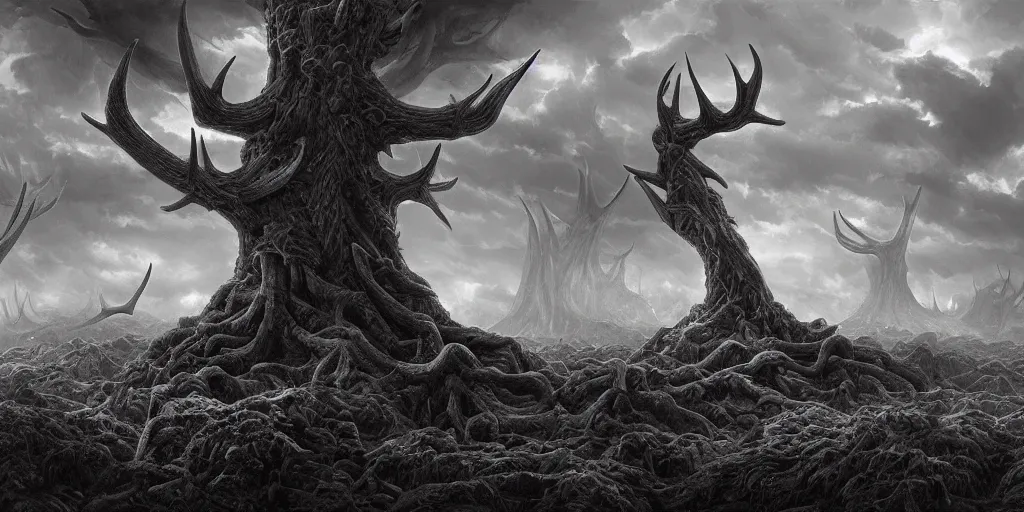 Prompt: a highly detailed matte painting of a wide - based tree the size of a mountain that looks like an antler hand stretching to heaven in a nightmare land of thorns and antlers under a stormy sky, grayscale, featured on artstation