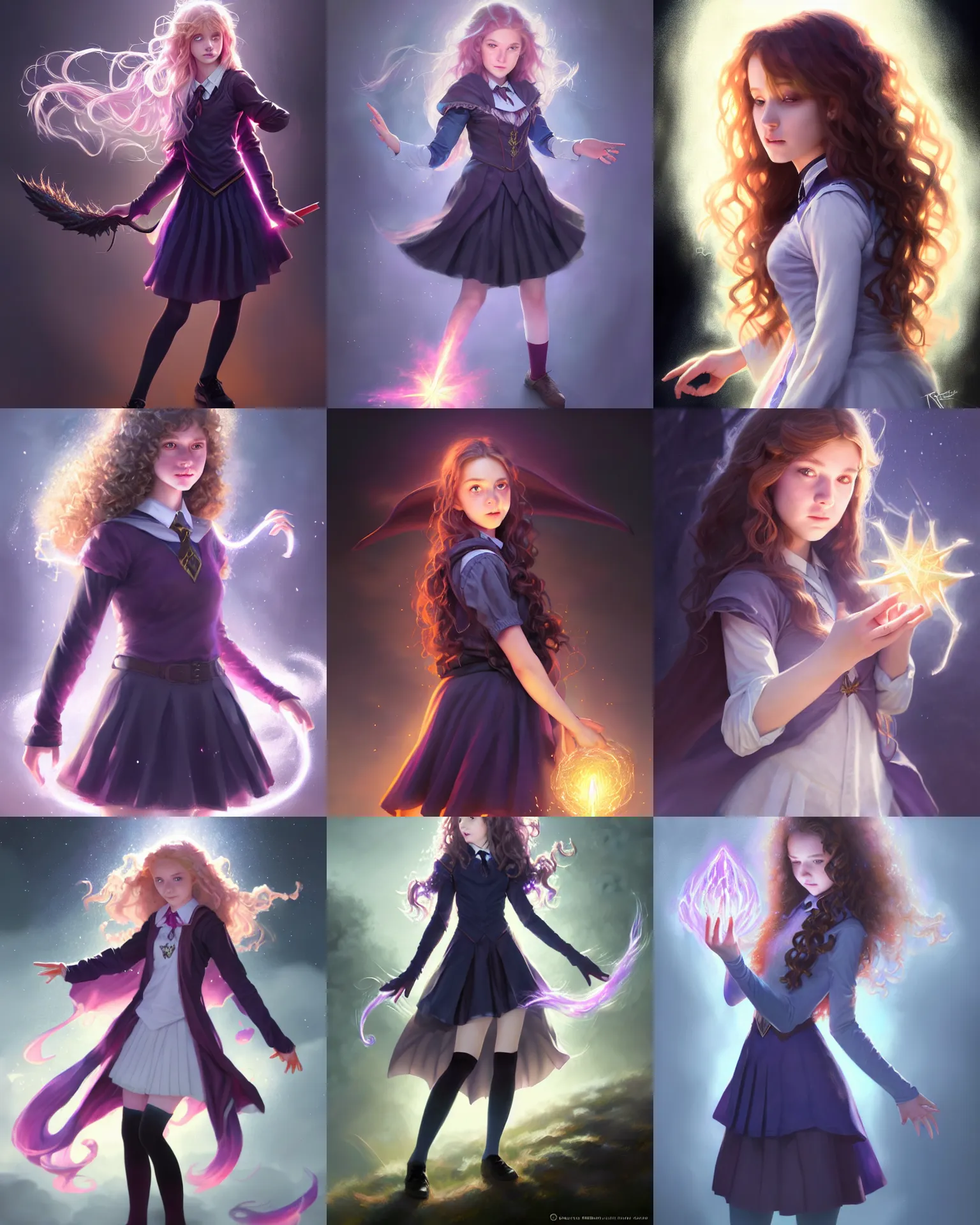 Prompt: realistic portrait of a innocent young teen girl, d&d magic fantasy, dark magical school student uniform, light curly hair, casting a bright large-scale magical spell around herself, overflowing energy, highly detailed, digital painting, trending on artstation, pixiv, concept art, sharp focus, illustration, art by Ross Tran and Greg Rutkowski and Walt Disney animation