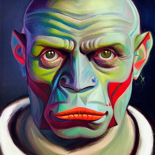 Prompt: Intricate five star Orc facial portrait by Pablo Picasso, oil on canvas, high detail, matte finish, high contrast, 3d depth, masterpiece, vivid colors, artstationhd