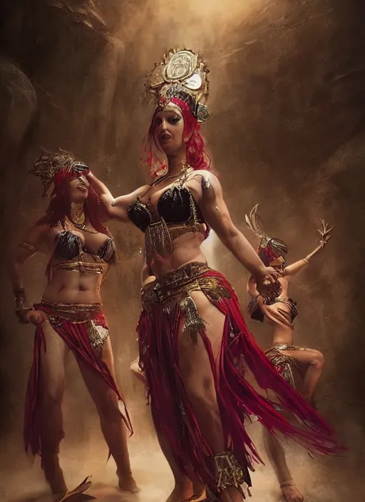 Image similar to hyper realistic photography of bellydancer festival warrior curvy partygirl cinematic, vallejo, julie bell, craig mullins greg rutkowski, rowena morrill, juan gimenez