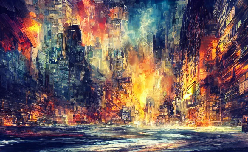 Image similar to City crashing into the Ground, digital painting, expressionistic, intricate detail, meticulous brush strokes, genius composition, masterpiece, work of art, 4k wallpaper