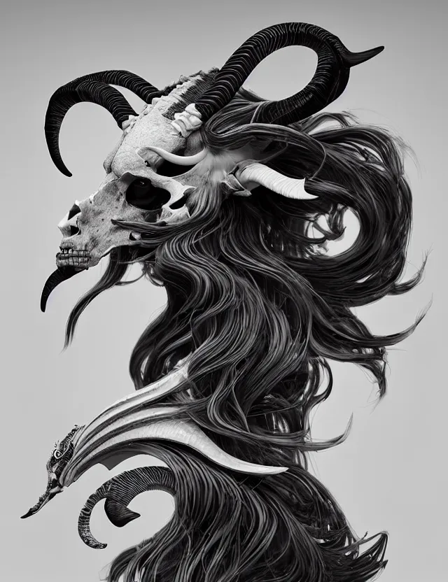 Image similar to 3 d goddess goat skull half - turn portrait with long hair with ram skull. beautiful intricately detailed japanese crow kitsune mask and clasical japanese kimono. betta fish, jellyfish phoenix, bio luminescent, plasma, ice, water, wind, creature, artwork by tooth wu and wlop and beeple and greg rutkowski