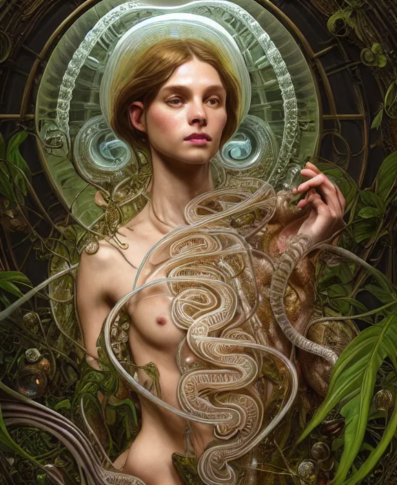 Image similar to intricate ornate opulent transparent clear see - through portrait of a horrific beautiful male human nautilus snake, adorable, childlike, overgrown biopunk jungle environment, ultra realistic, concept art, art nouveau, photorealistic, octane render, 8 k, unreal engine. art by christopher marley and artgerm and greg rutkowski and alphonse mucha