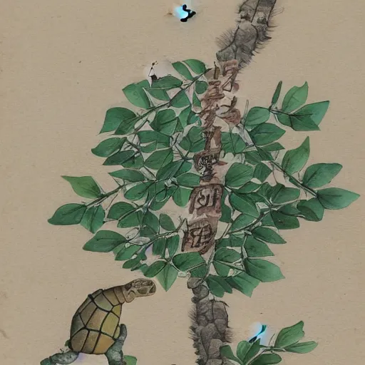 Prompt: a tortoise with a bonsi tree growing on its back, traditional chinese watercolor