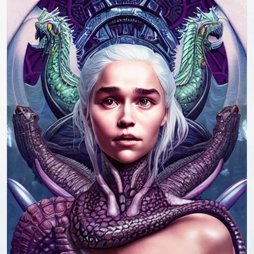 Image similar to Lofi BioPunk portrait daenerys targaryen with three dragons, Pixar style by Tristan Eaton Stanley Artgerm and Tom Bagshaw