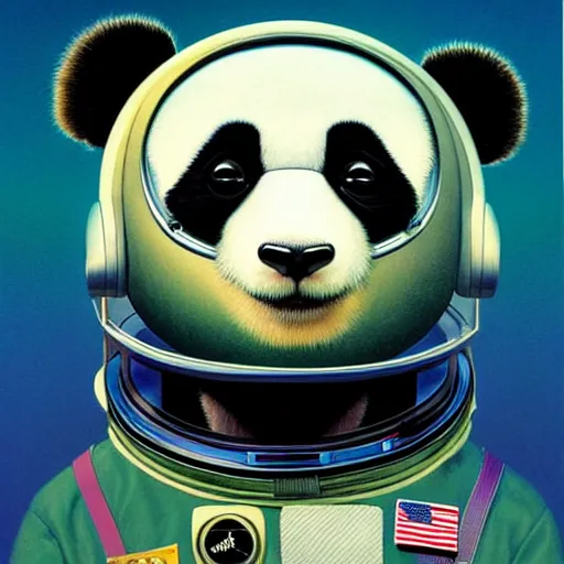 Prompt: Portrait of a Panda astronaut wearing helmet in the style of James Gilleard, Zdzislaw Beksinski, Mark Ryden, Wolfgang Lettl highly detailed, hints of Yayoi Kasuma