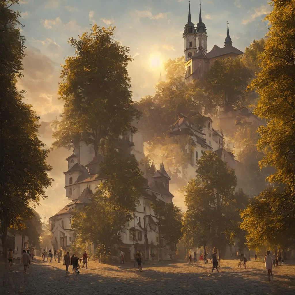Image similar to a beautiful photo of banska stiavnica in summer with old houses and trees in sunset, sky, people walking on street, unreal engine, by greg rutkowski and james gurney, artstation