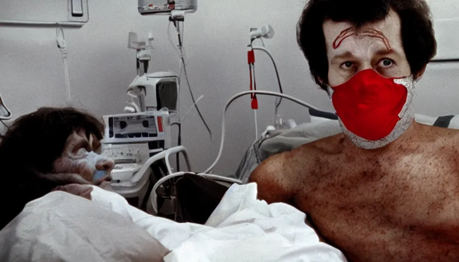 Prompt: 70s movie still of a man with red mask in hospital with a deep spiral in the mouth, eastmancolor, heavy grain, high quality, higly detailed, liminal space