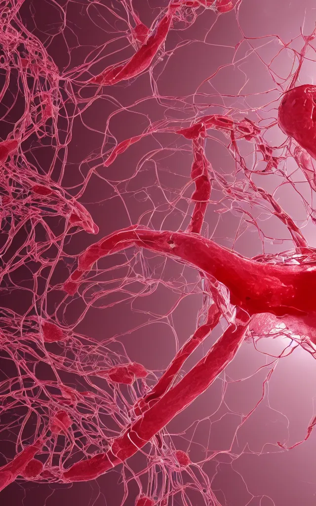 Image similar to intricated scientific medical 3d animation of veins and hemoglobines 3d octane render