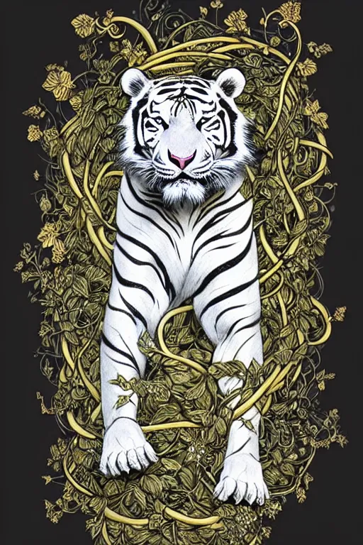 Prompt: ultra realistic full - body white tiger wrapped in vines and white flowers + black paper + elements + white + gold + cyan + baroque + rococo + ink, marc simonetti, paul pope, peter mohrbacher, detailed, intricate ink illustration