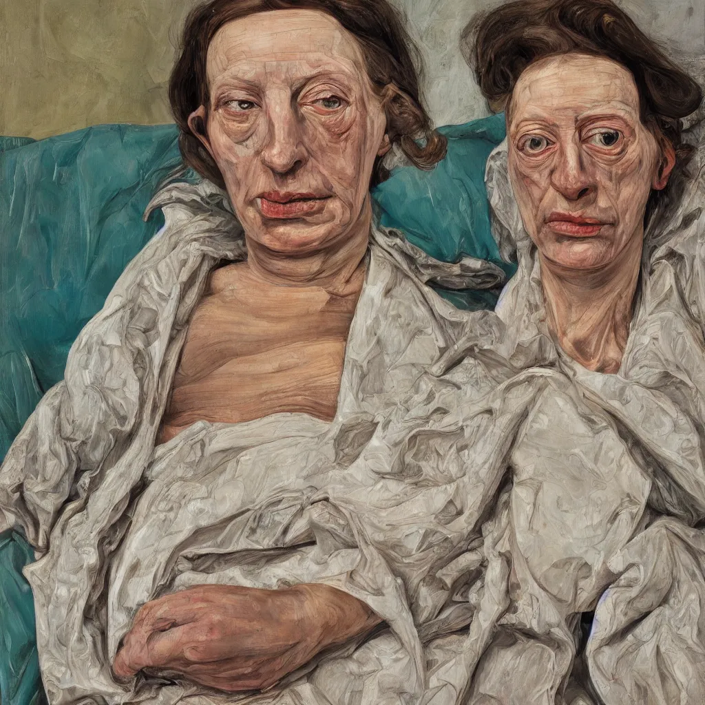 Image similar to high quality high detail painting by lucian freud, jenny savile, unsettling portrait, cream and turquoise, hd