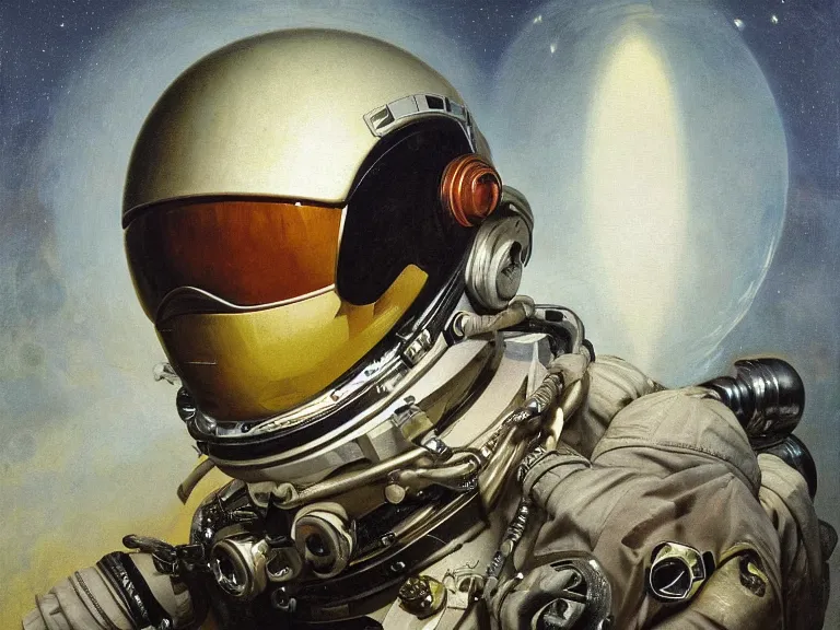 Image similar to a detailed profile oil painting of pilot in a spacesuit with reflective visor, flight suit, portrait symmetrical and science fiction theme with aurora lighting by beksinski carl spitzweg and tuomas korpi. baroque elements, full-length view. baroque element. intricate artwork by caravaggio. Trending on artstation. 8k