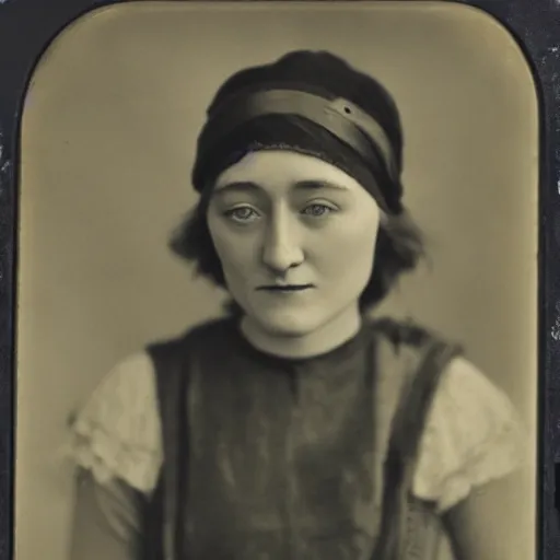 Image similar to Tintype photograph of Saoirse Ronan as a Irish ethnographic subject. 1920s studio lighting.