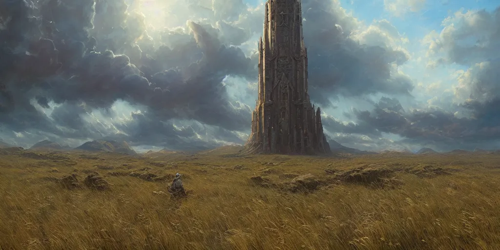 Prompt: the wizards tower!!, rocky grass field, grand landscape art by donato giancola and greg rutkowski, vintage retro, digital art, trending on artstation, symmetry!!, epic composition