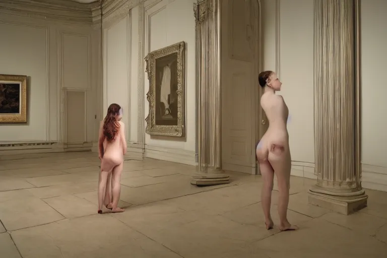 Prompt: hyperrealism, woman stands in room full of art pictures, pale skin, in style of classicism