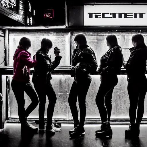 Image similar to photograph of a retro techwear group of women loitering near the bar of a packed busy rundown nightclub, retrofuturism, brutalism, cyberpunk, sigma 85mm f/1.4, 15mm, 35mm, long exposure, 4k, high resolution, 4k, 8k, hd, wide angle lens, highly detailed, full color, harsh light and shadow