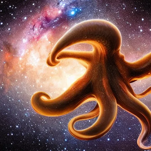 Prompt: a giant octopus god made of stars in floating among the galaxies of the milky way