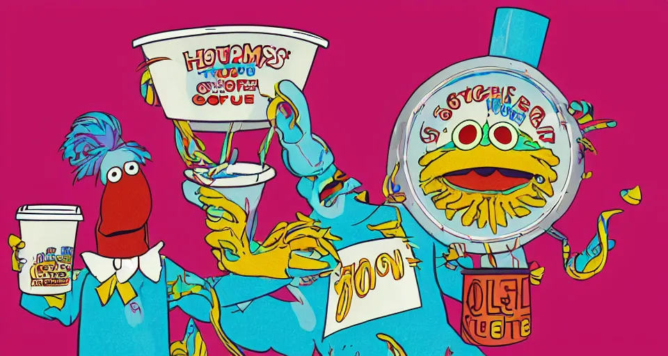Prompt: a muppet holding a comically large cup of coffee in a 1 9 7 0 s era kitchen, in the style of hownosm and james jean, ultimate collab, epic, digital art, 3 d, h 9 6 0