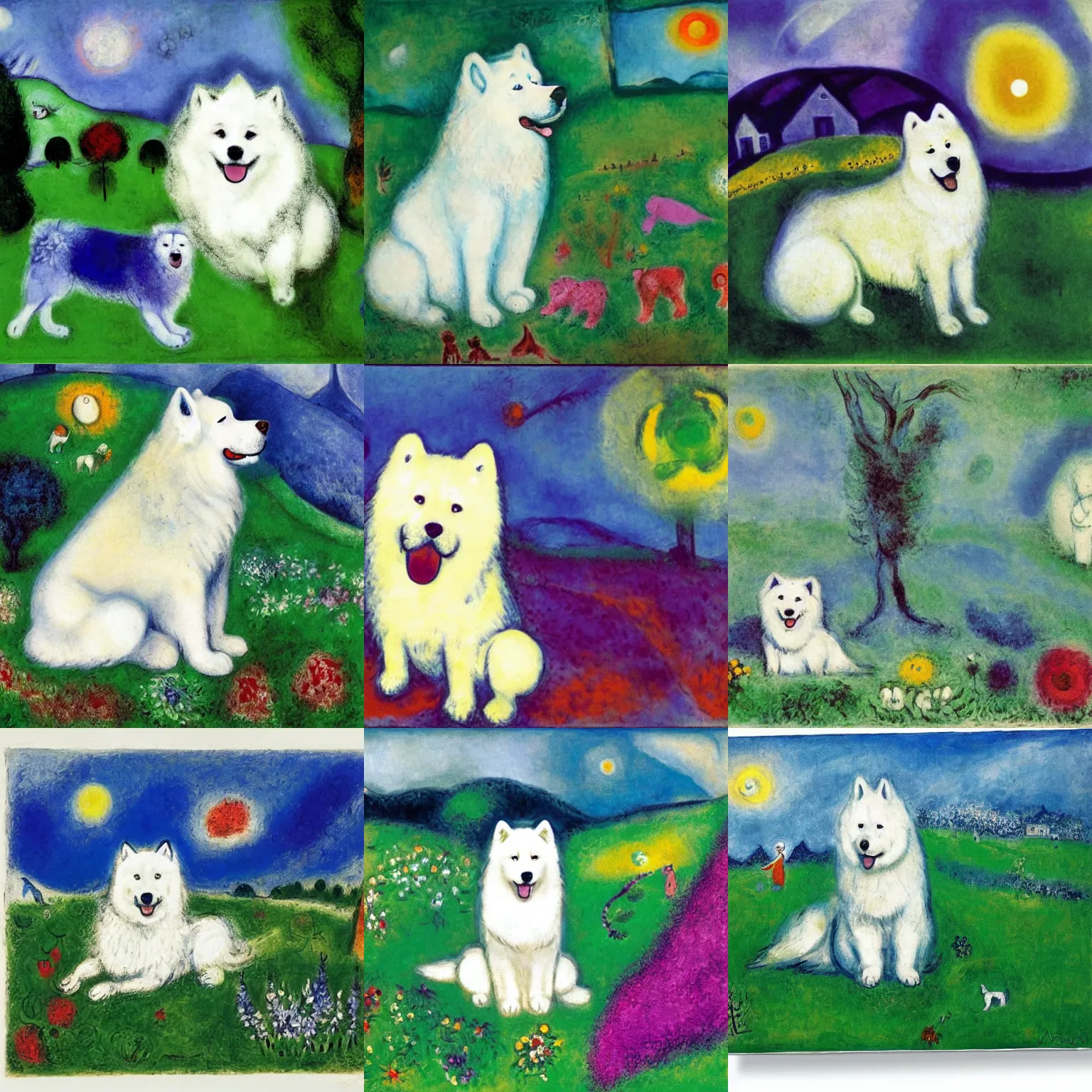 Prompt: a samoyed dog sitting in the middle of sunny meadow, by marc chagall