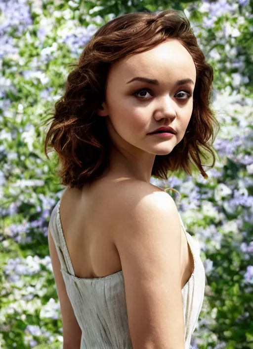 Image similar to Olivia Cooke for Victorian Secret, perfect face, hot summertime, full length shot, XF IQ4, 150MP, 50mm, f/1.4, ISO 200, 1/160s, natural light, Adobe Photoshop, Adobe Lightroom, DxO Photolab, Corel PaintShop Pro, rule of thirds, symmetrical balance, depth layering, polarizing filter, Sense of Depth, AI enhanced