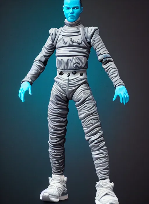 Prompt: accurate detailed pvc inflatable black & teal colored action figure god, full body, futuristic, concept art, character only, detailed art, adidas streetwear, figurine!!!, studio lighting, grey background, no shadow, trending on artstation, 4 k, sharp, highly - detailed, focus on face!!!