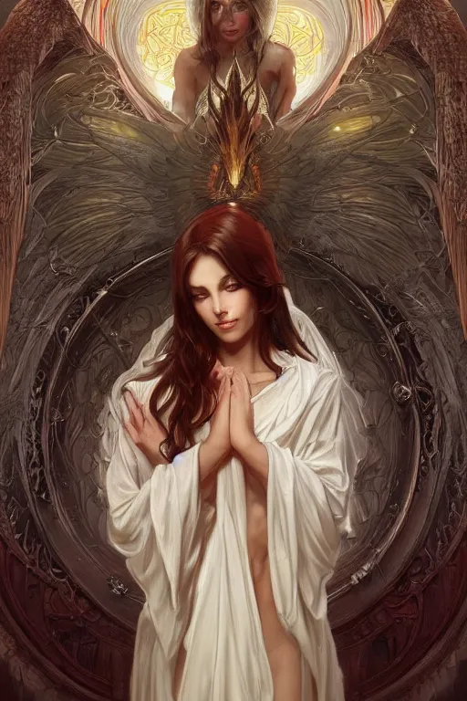 Image similar to portrait of an angelic demon, gates of hell and heaven, godlike, full body, fantasy, intricate, elegant, highly detailed, digital painting, artstation, concept art, sharp focus, illustration, art by artgerm and greg rutkowski and alphonse mucha and ross tran