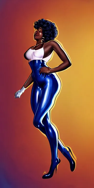 Image similar to full body shot of black woman in an astronaut suit with a celestial afro, pin-up style by Artgerm, realist, trending on artstation