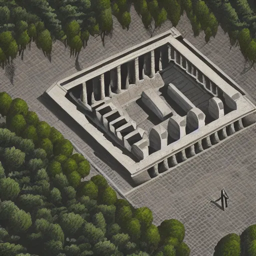 Image similar to Greek temple, Drone photography, in the graphic style of Matt Sanz, hyper detailed, trending on artstation, glow