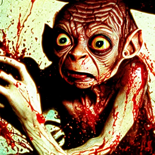 Prompt: gollum covered in blood, carrie 1 9 7 6