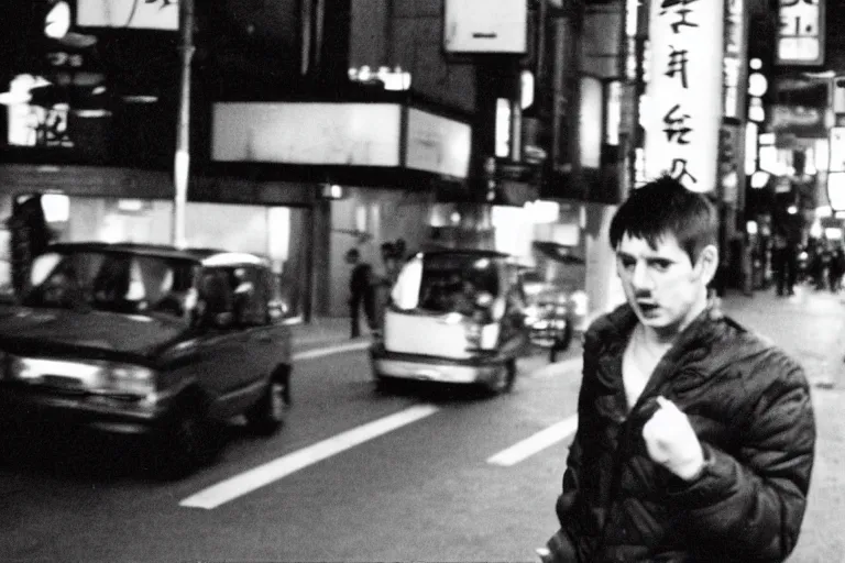 Prompt: Ian Curtis runs through the streets of Tokyo, 35mm film, by Shinya Tsukamoto