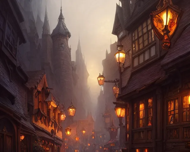 Image similar to fantasy town streets, cloudy, dark, natural lighting, deep focus, d & d, fantasy, intricate, elegant, highly detailed, digital painting, artstation, concept art, matte, sharp focus, illustration, hearthstone, art by artgerm and greg rutkowski and laura sava and alphonse mucha