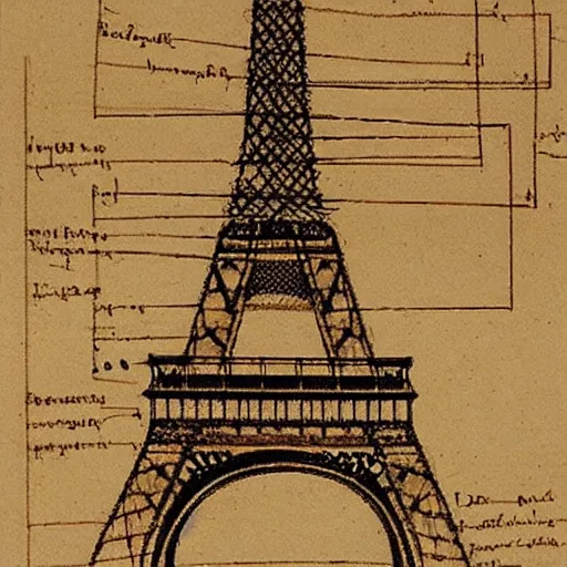 Image similar to eiffel tower schematics sketched by leonardo da vinci