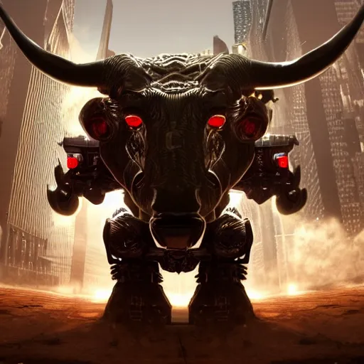 Image similar to a full body shot of a cyborg ( bull ) modeled after a bull looking into the camera, android, cyborg, full body shot, intricate, 3 d, hyper realism, fantasy, depth of field, octane render, symmetrical, highly detailed, digital art, artstation, concept art, cinematic lighting, trending